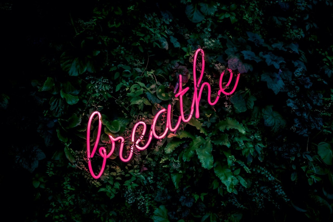 A neon sign reading "breathe"