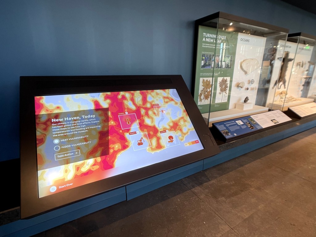 Interactive screen in a museum reading "New Haven, Today / Our climate is changing rapidly, which has both global and local effects. Explore these maps to see how high temperatures and flooding are impacting the area around the museum."