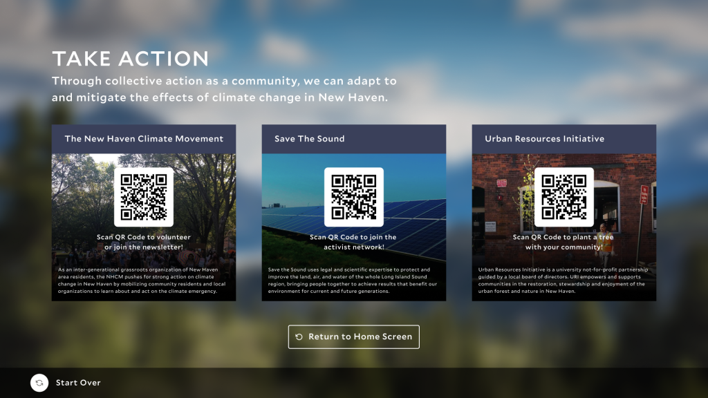 Graphic reading "Take Action / Through collective action as a community, we can adapt to and mitigate the effects of climate change in New Haven" with three QR codes linking to actions