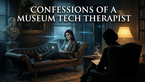 Computer generated image of a woman with a laptop sitting on a therapists couch with another woman sitting in a high backed chair with a clipboard in her hand facing the woman on the couch..