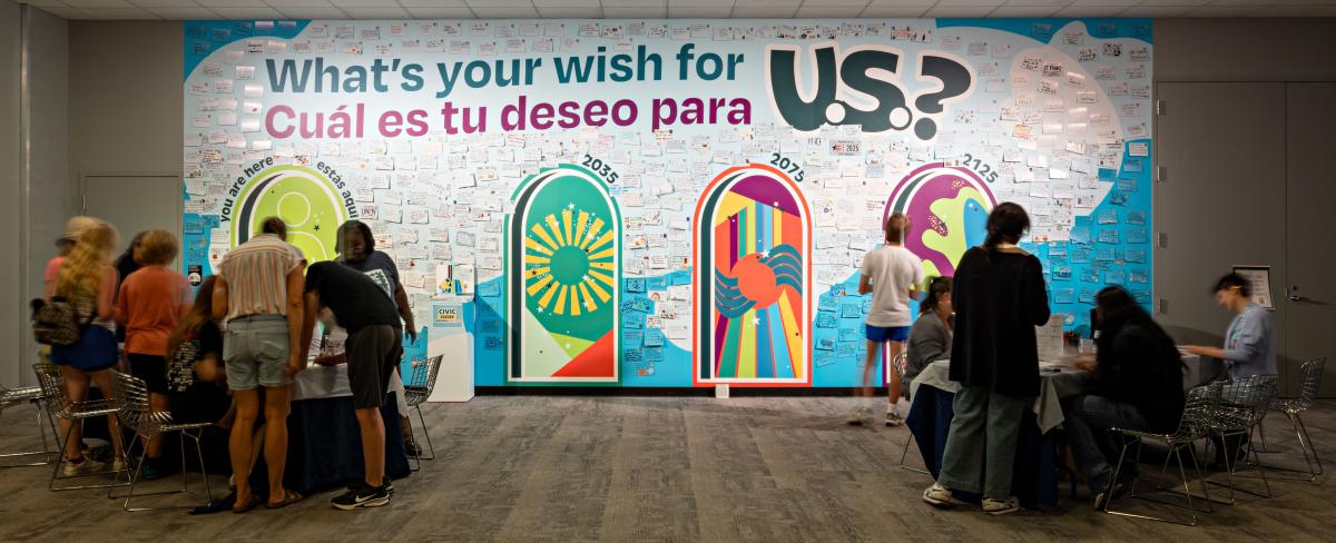 A colorful wall asking people "What's your wish for U.S." with different years in the future across the wall.