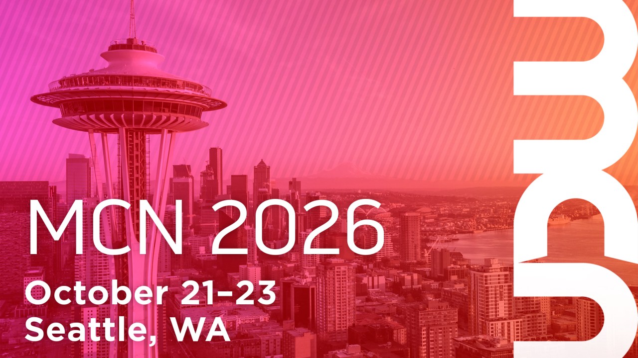 MCN 2026 on pink background with Seattle skyline