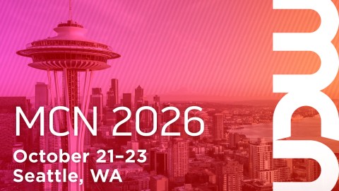 MCN 2026 on pink background with Seattle skyline