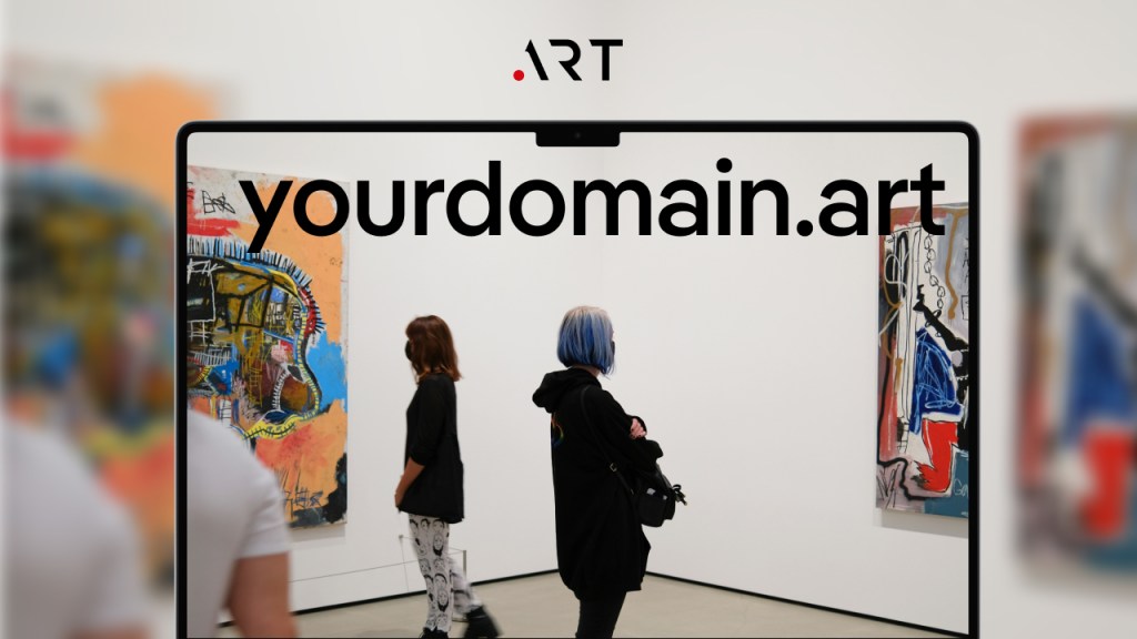 An art gallery with a screen over the center that reads yourdomain.art