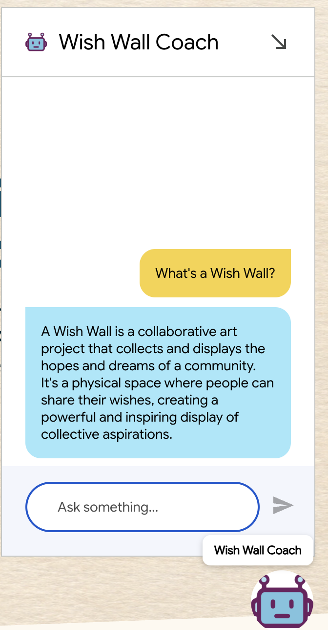 The Wish Wall bot answers "What is a Wish Wall" in this screenshot.