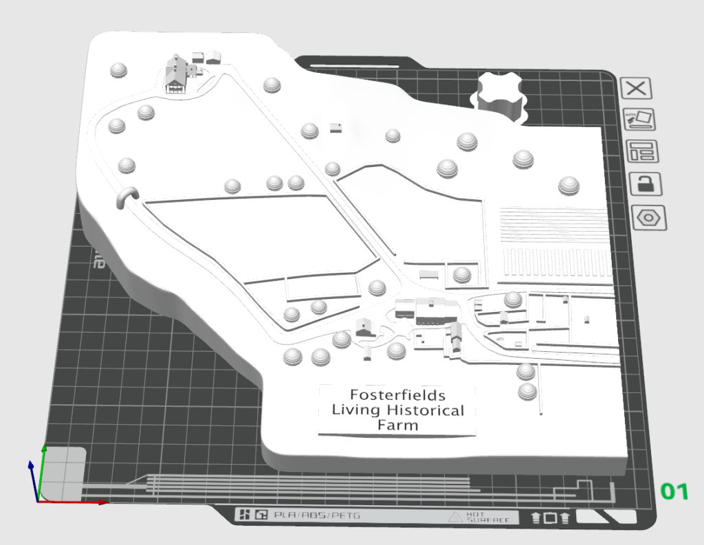 A rending of a site map with the label "Fosterfields Living Historical Farm"