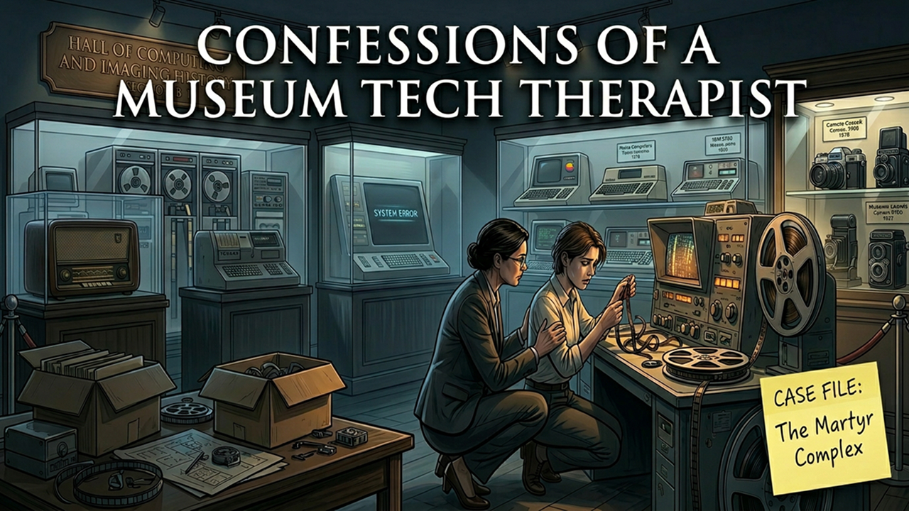 Digital rendering of two figures examining a display in a museum exhibition.