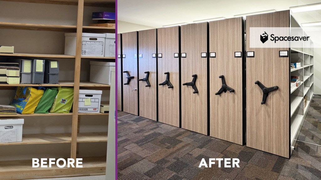 A storage room with manual compactor shelving. 