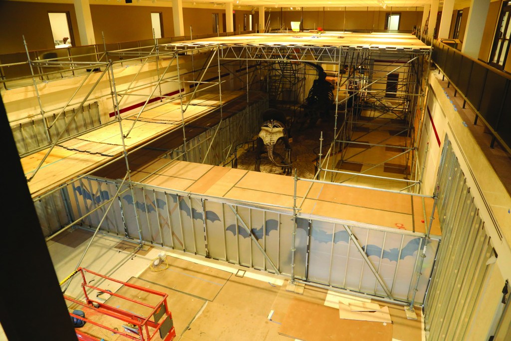 View of construction scaffolding and covered floors.