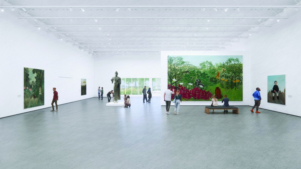 Design drawing of a large open gallery space with people viewing art on the walls.