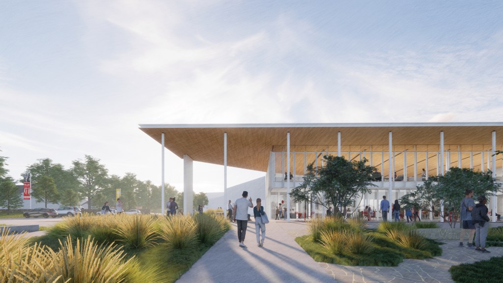 A rendering of a modern museum building with visitors milling around the exterior