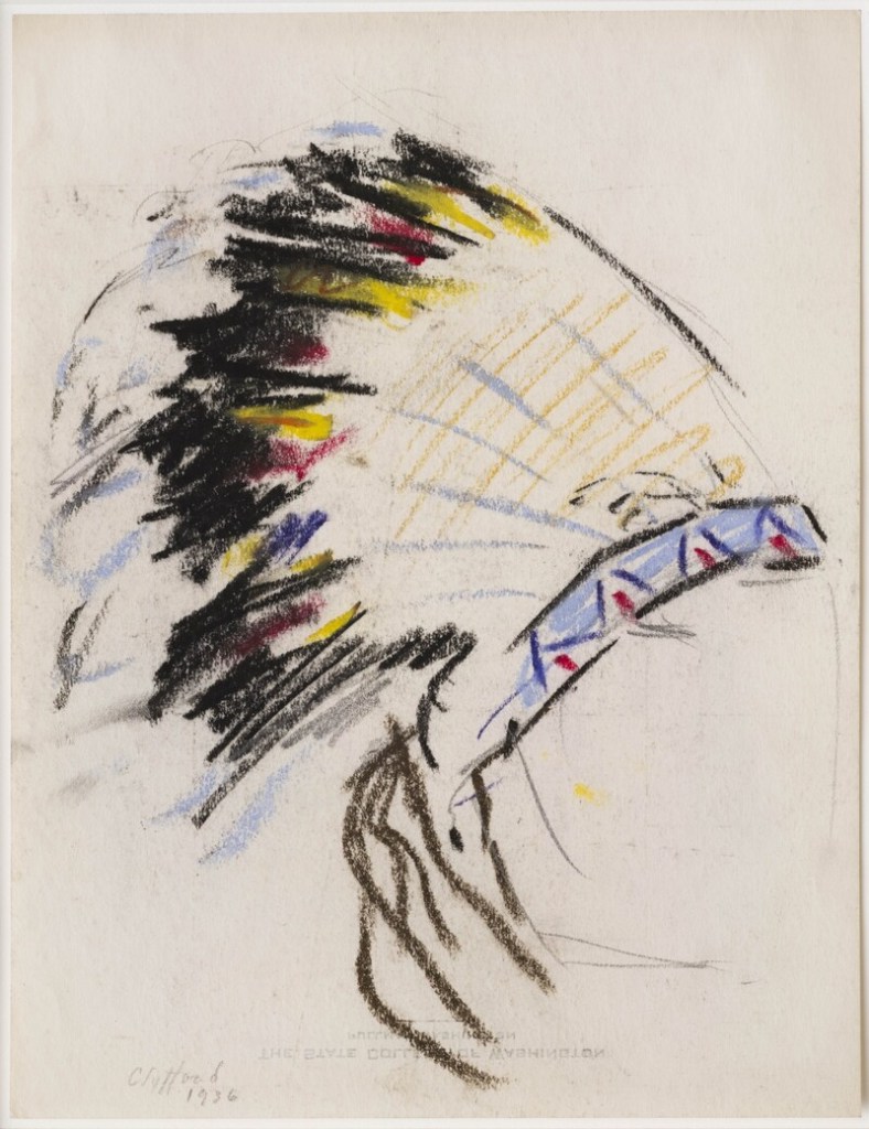 A pastel drawing of a Native American headdress on the outline of a head.