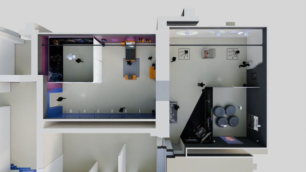 Aerial rendering of the Blurred Realities exhibition floorplan, showing multiple gallery rooms with arranged furnishings, display areas, and visitor pathways as part of the projectโs development.