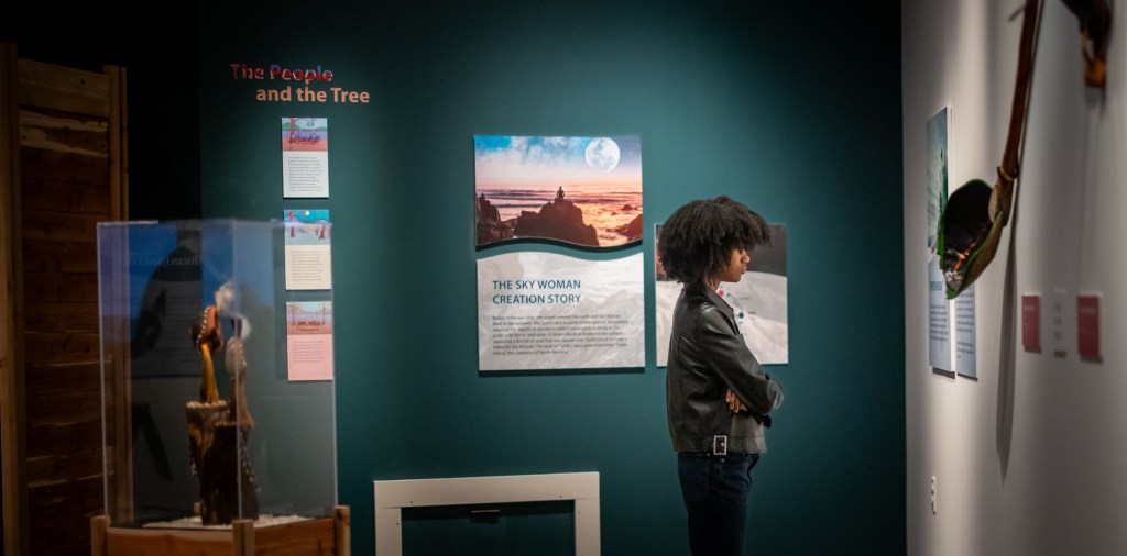A preteen, who is thin and has dark skin and curly black hair, looks up thoughtfully reading panels in Entwined. In the background, one panel is titled, “Sky Woman Creation Story.”