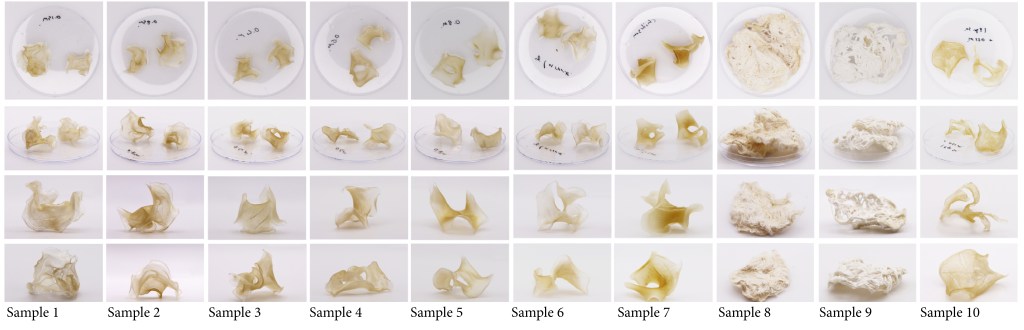 A 10 by 4 matrix of photos, depicting 10 different material samples, produced with different recipes, prepared for Oddy testing.
