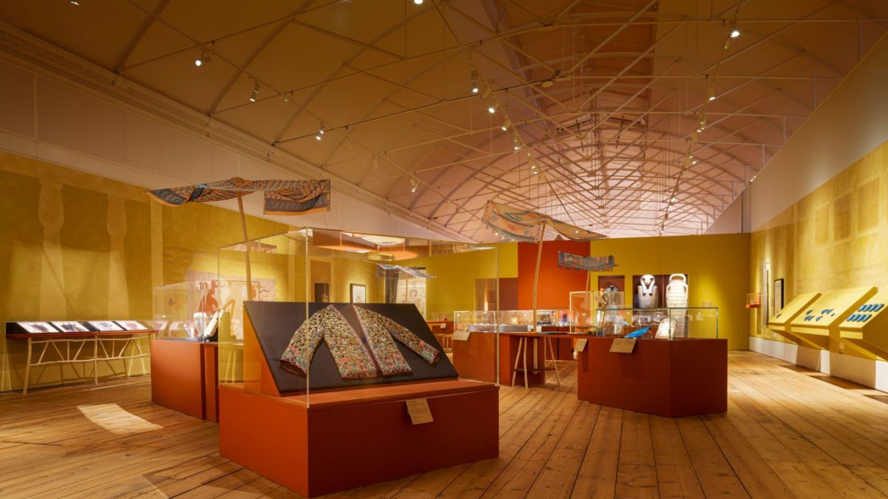 One of the sections of the Making Egypt exhibition, with objects displayed on mounts made of coppiced wood and out of recycled materials.
