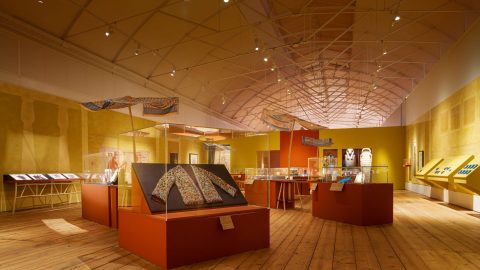 One of the sections of the Making Egypt exhibition, with objects displayed on mounts made of coppiced wood and out of recycled materials.