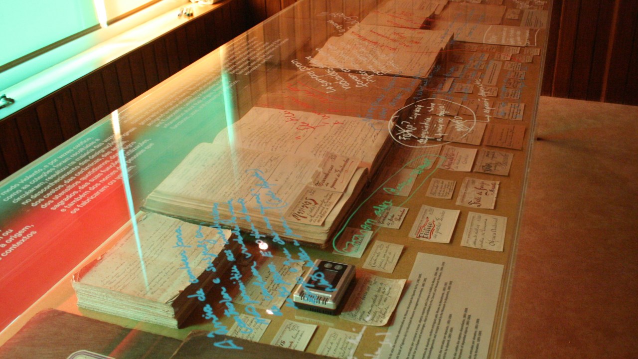 A waist-high glass display case approximately 4-meters (12 feet) in length, filled with A4 museum archive record books and old, handwritten museum labels. The case is next to windows covered with soft yellow, cyan, and red vinyl, which alters the color of the natural lighting. Block-printed white text appears on the top-front in Portuguese and English but does not block the view of the contents, and hand-written words in red, blue, and white marker are freely spread across the glass, referring to and discussing the old museum labels inside the case.