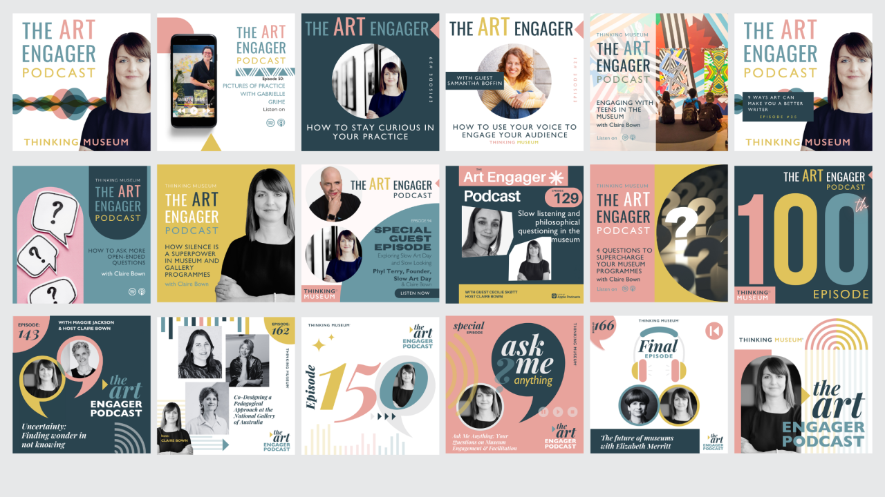 A variety of social media posts with information about The Art Engager podcast.