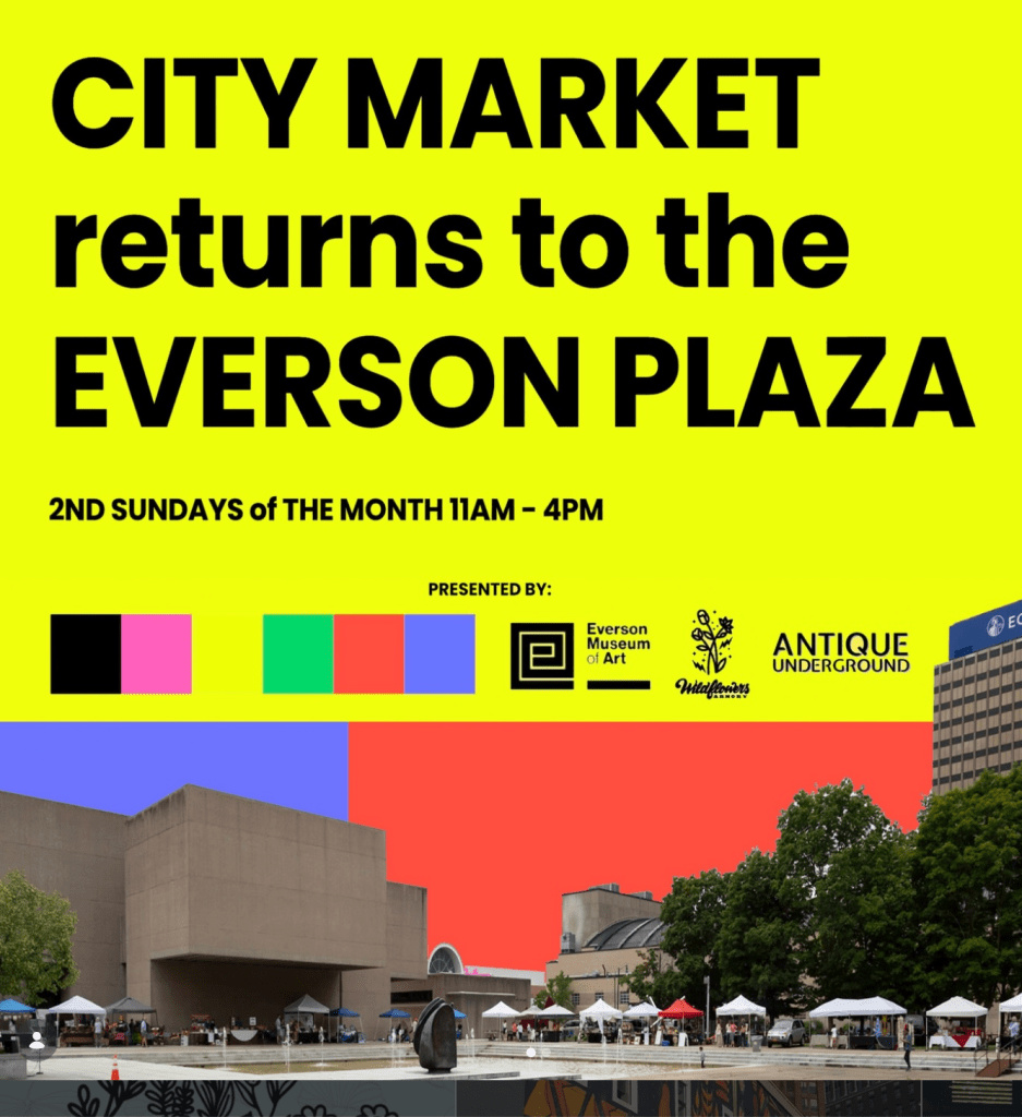 Left image, advertisement for City Market Sundays with a view of Everson Plaza in Syracuse. Right image shows a group of children in an auditorium rehearsing a dance.