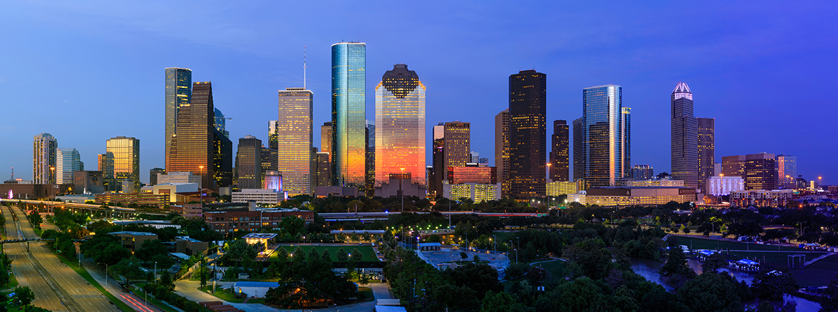 Skyline view of Houston at sunset