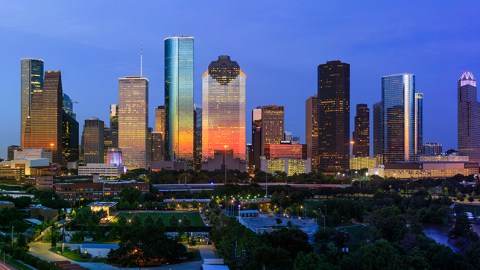 Skyline view of Houston at sunset