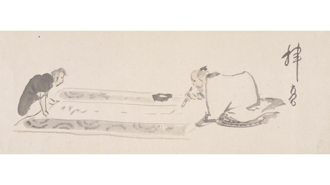 A drawing of two people writing calligraphy on a scroll