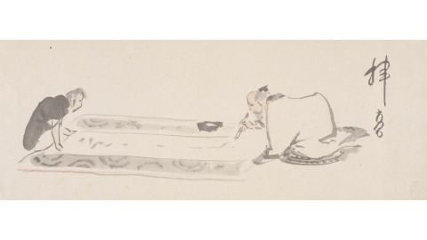 A drawing of two people writing calligraphy on a scroll