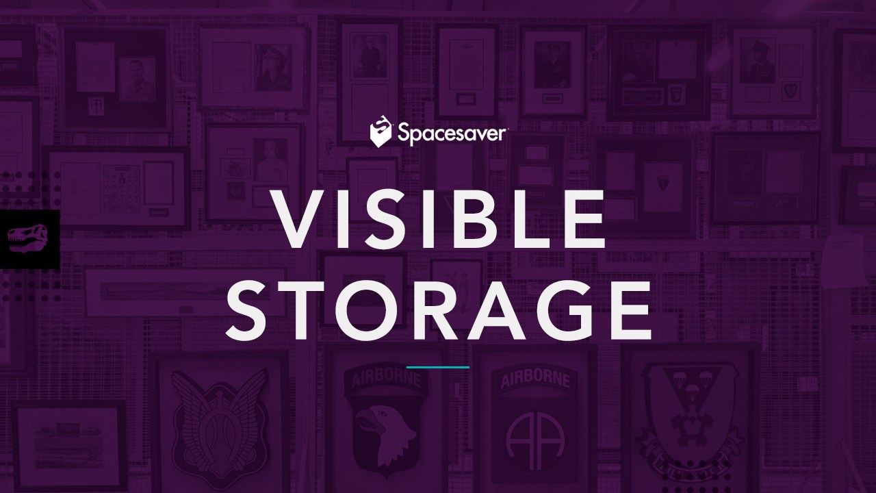 Purple background with Spacesaver logo and Visible Storage written on top.