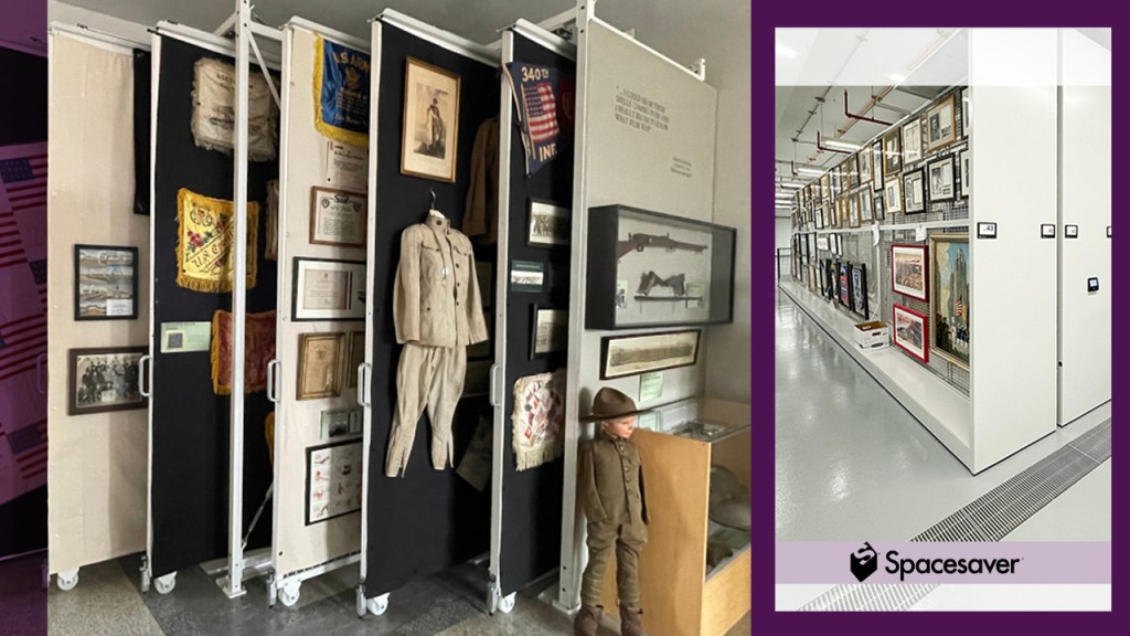 A set of slide out storage panels with numerous framed and hanging pieces displayed to the right. To the left is a larger set of mobile storage units with dozens of framed pieces on display.