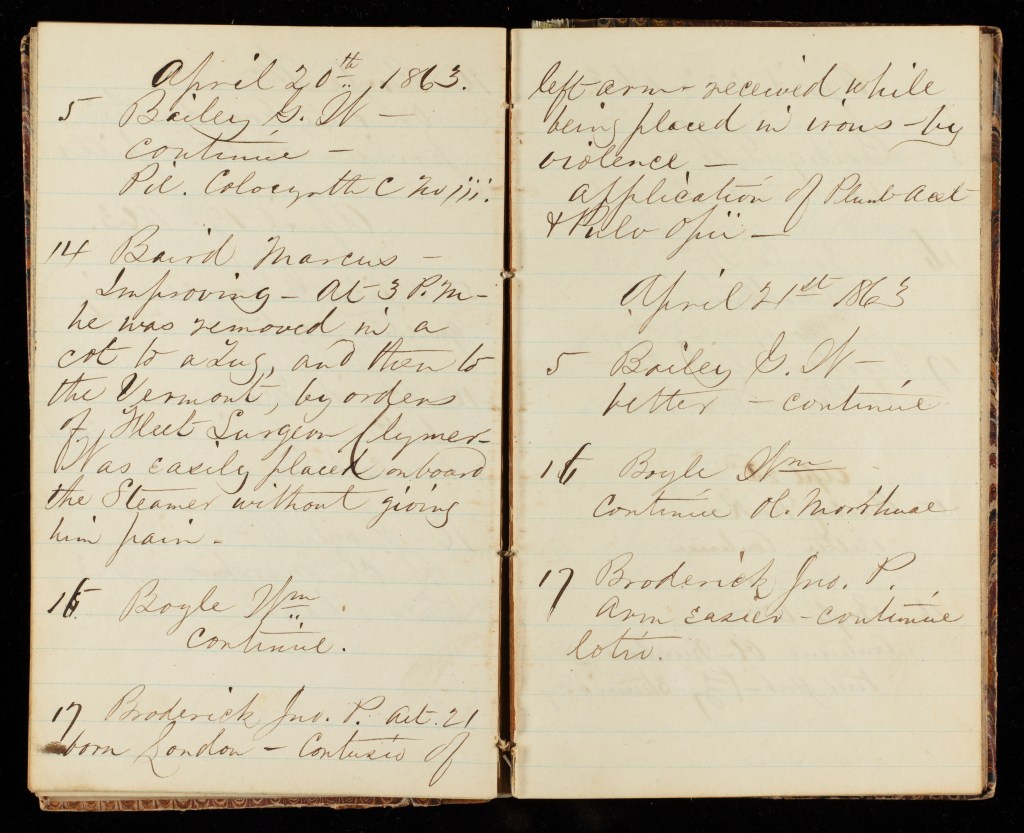 Open diary with old yellowed pages, with cursive writing in it.