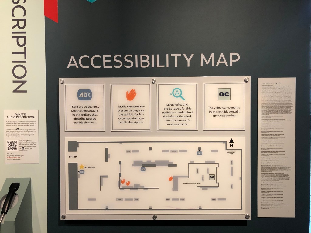 A Missouri History Museum accessibility map shows symbols and locations for audio description, tactile elements, ASL interpretation, large-print and braille labels, open captions, seating, entrances, exits, and circulation routes.