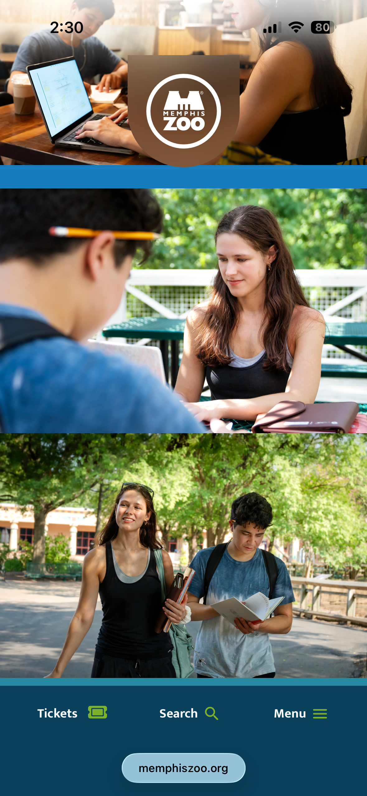 A graphic on the Memphis Zoo website showing college-age people sitting and walking with laptops and books