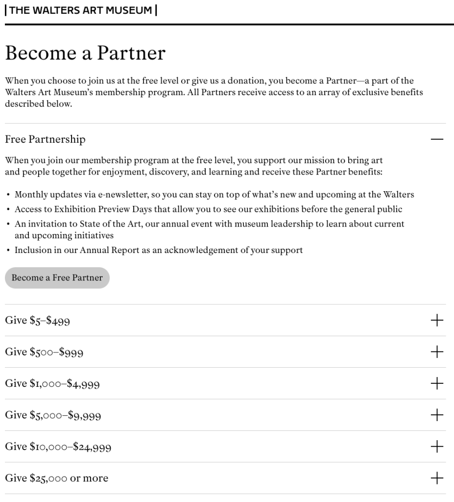 The Walters Art Museum webpage titled Become a Partner, listing benefits for a free membership and donation tiers ranging from five to over 25,000 dollars.