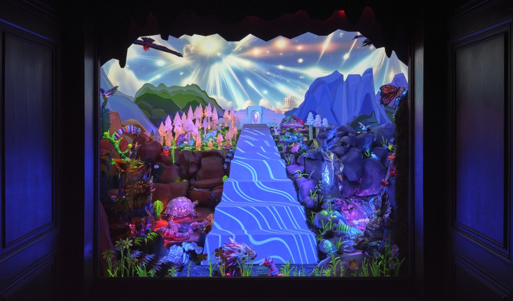 A fantastical diorama featuring an amalgam of Californian habitats and many colorful, glowing plants and animals. The colors are mostly pink and blue. 
