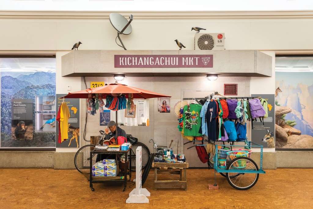 A re-creation of a Tanzanian storefront sits between two habitat dioramas. The store has colorful flip-flops, t-shirts, and backpacks for sale. 
