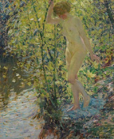 An Impressionist oil painting by Frederick Carl Frieseke depicting a nude female figure standing outdoors among green vegetation beside a body of water. She faces away from the viewer, down toward the water, and has her right arm raised to grasp a slender tree. Dappled sunlight filters through surrounding foliage. The artistโs signature appears in the lower right corner.
